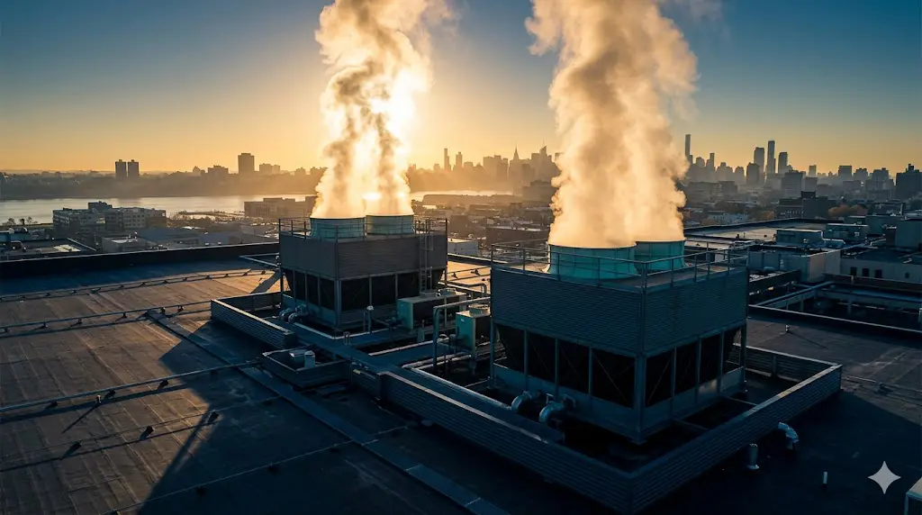 Commercial cooling towers on urban rooftop at golden hour — NJ S2188 Legionella compliance requirement for facilities with cooling systems