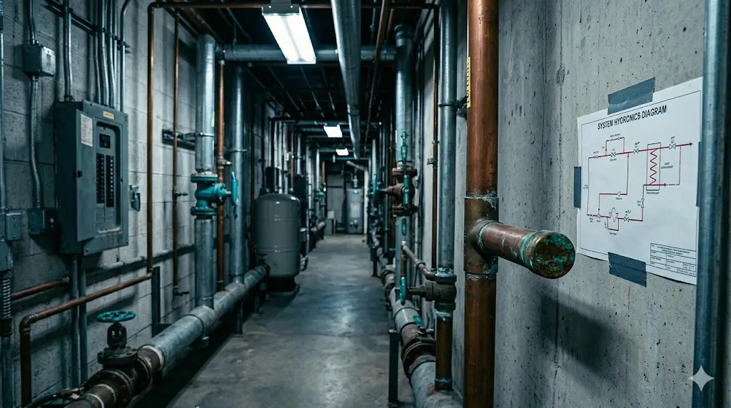 Commercial building plumbing corridor with dead-leg pipe stub showing why ASHRAE 188 requires a site-specific Legionella risk assessment