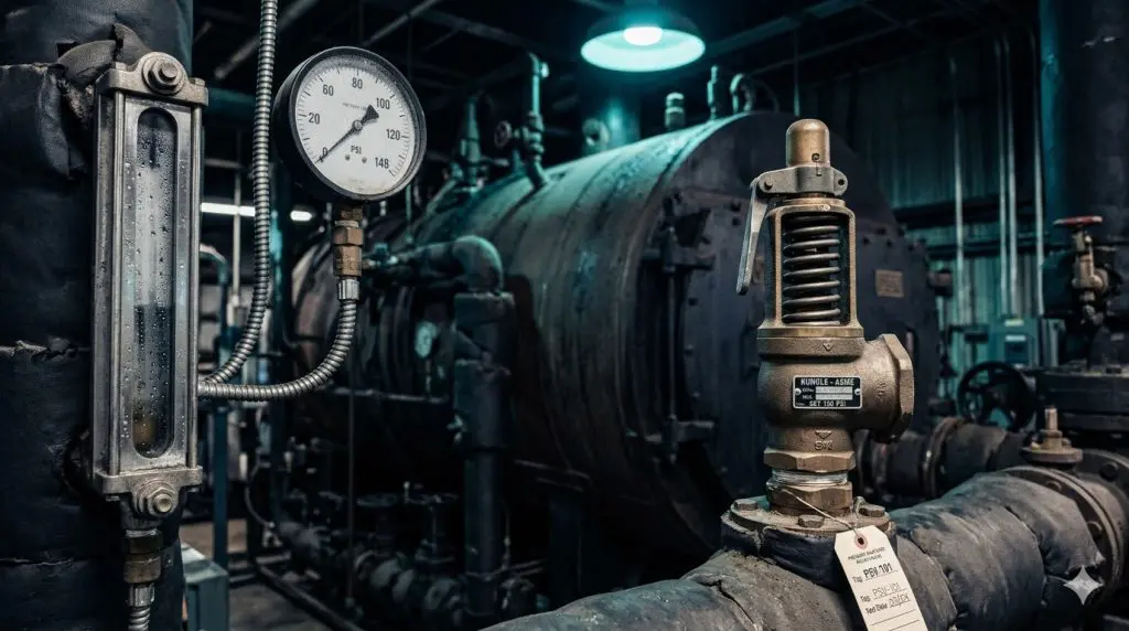 Industrial fire-tube boiler in mechanical room during boiler layup shutdown — pressure gauges visible