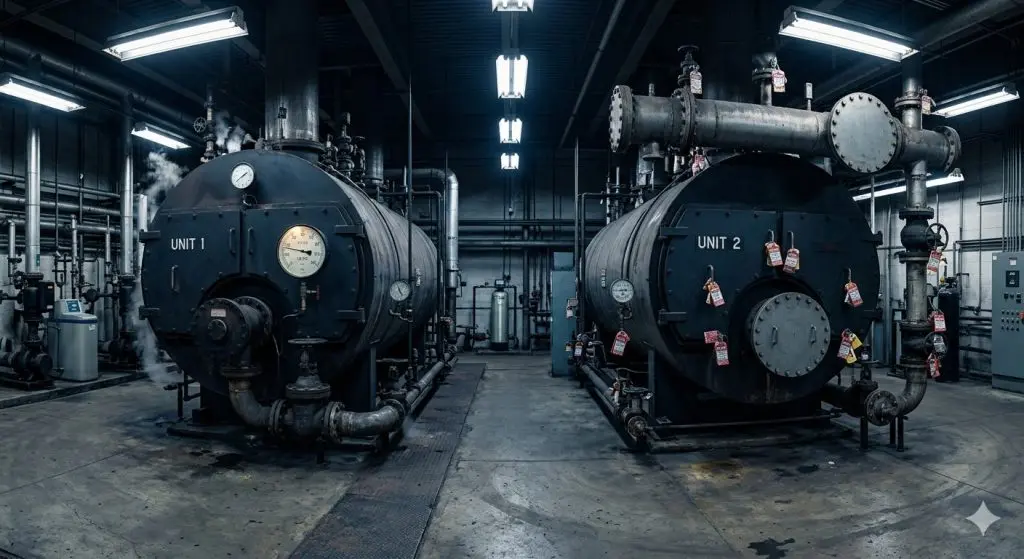 Multi-boiler facility mechanical room with one boiler in operation and one shut down in layup