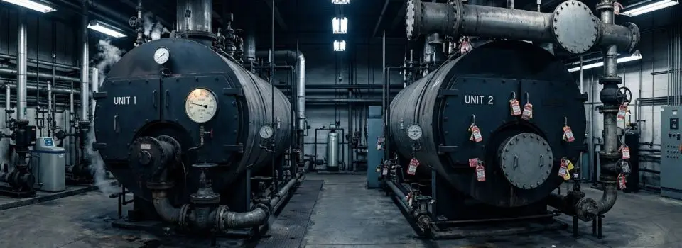 Multi-boiler facility mechanical room with one boiler in operation and one shut down in layup