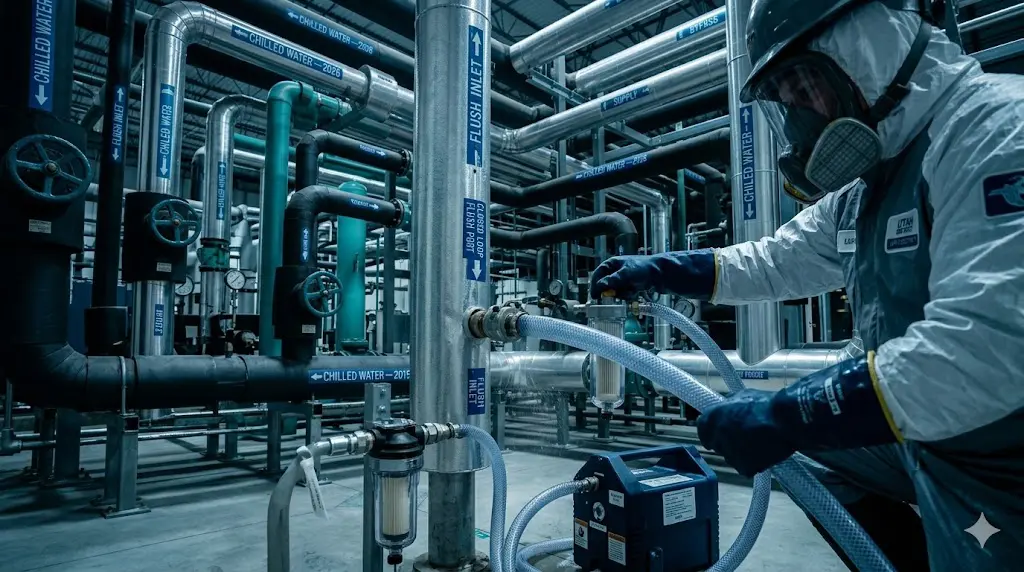 Water treatment technician performing closed loop flush on industrial chilled water system