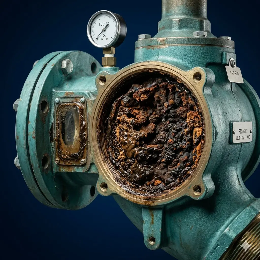 Plugged strainer with iron oxide deposits from a poorly maintained closed loop system