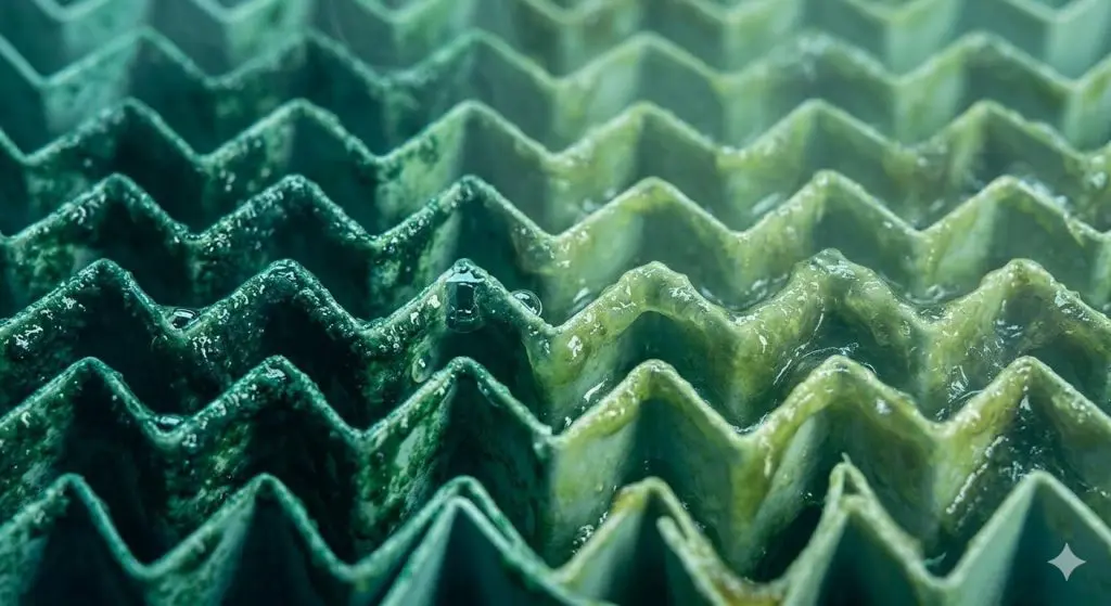 Close-up of cooling tower fill media showing green biofilm growth — Legionella risk in cooling tower water treatment