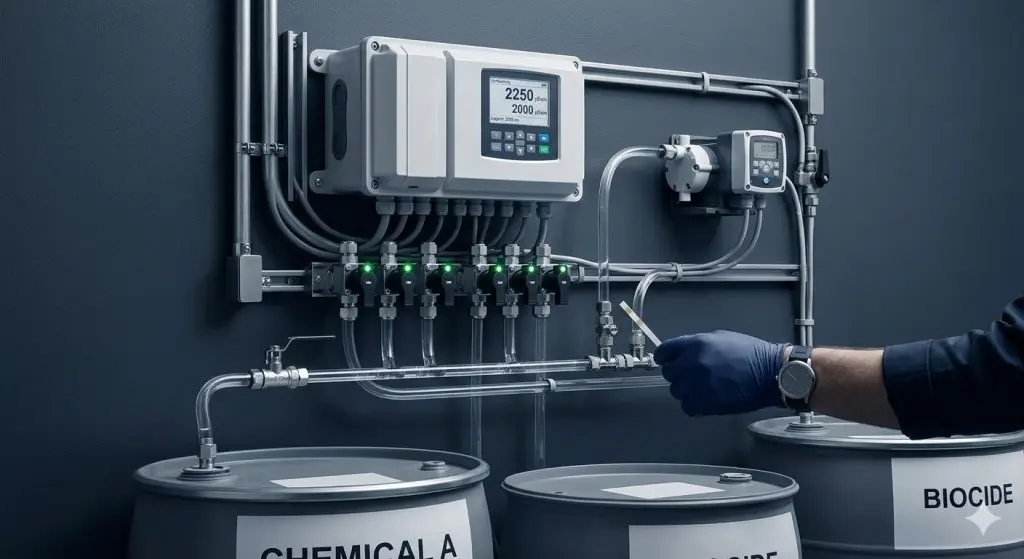 Wall-mounted industrial cooling tower chemical feed system and conductivity controller with LED indicators — automated water treatment monitoring