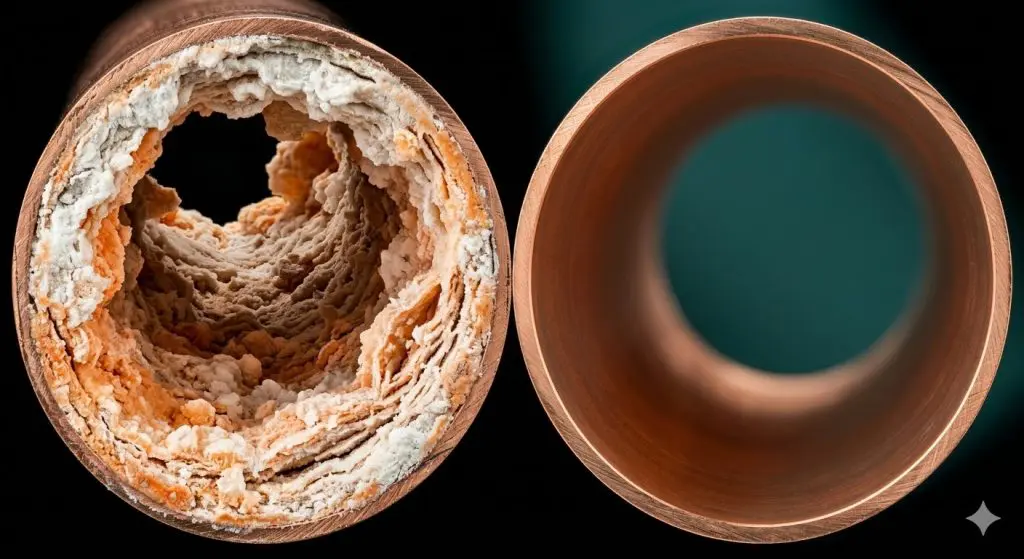 Cross-section of condenser tube showing heavy scale buildup on left versus clean copper interior on right — cooling tower scale prevention