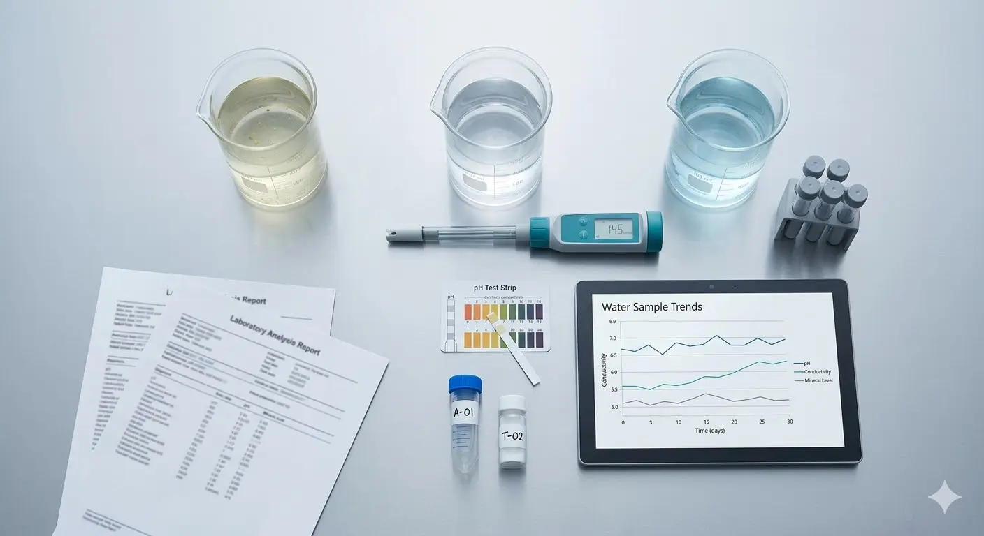 Overhead flat-lay of cooling tower water chemistry testing equipment including beakers, conductivity meter, pH strips, and trend data tablet