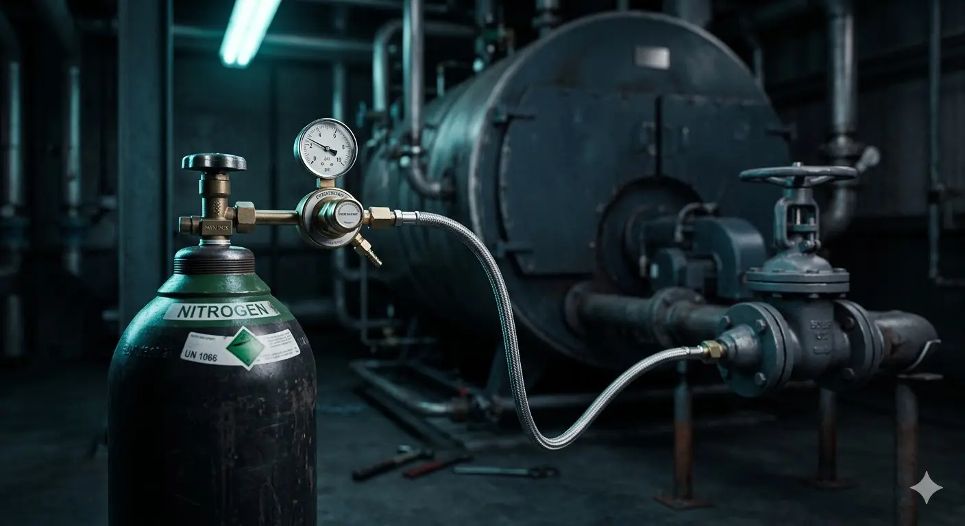 Nitrogen cylinder connected to boiler isolation valve for dry boiler layup nitrogen blanket preservation