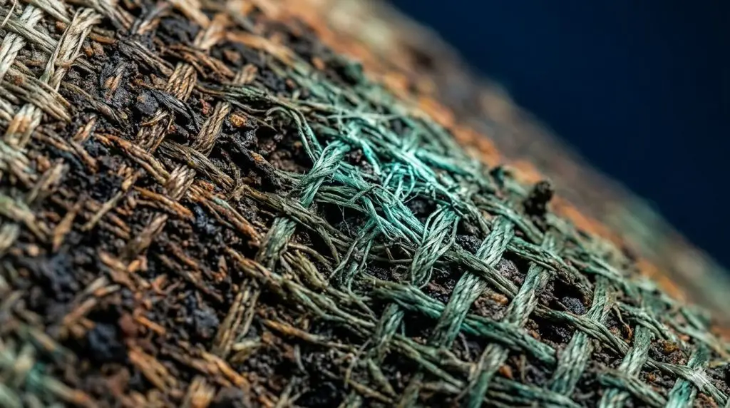 Worn industrial filter cloth showing blinding and surface degradation on a filter press