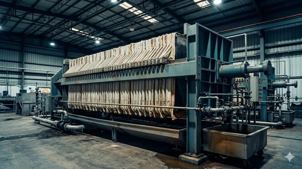 Industrial filter press system in a wastewater dewatering facility — filter press downtime prevention