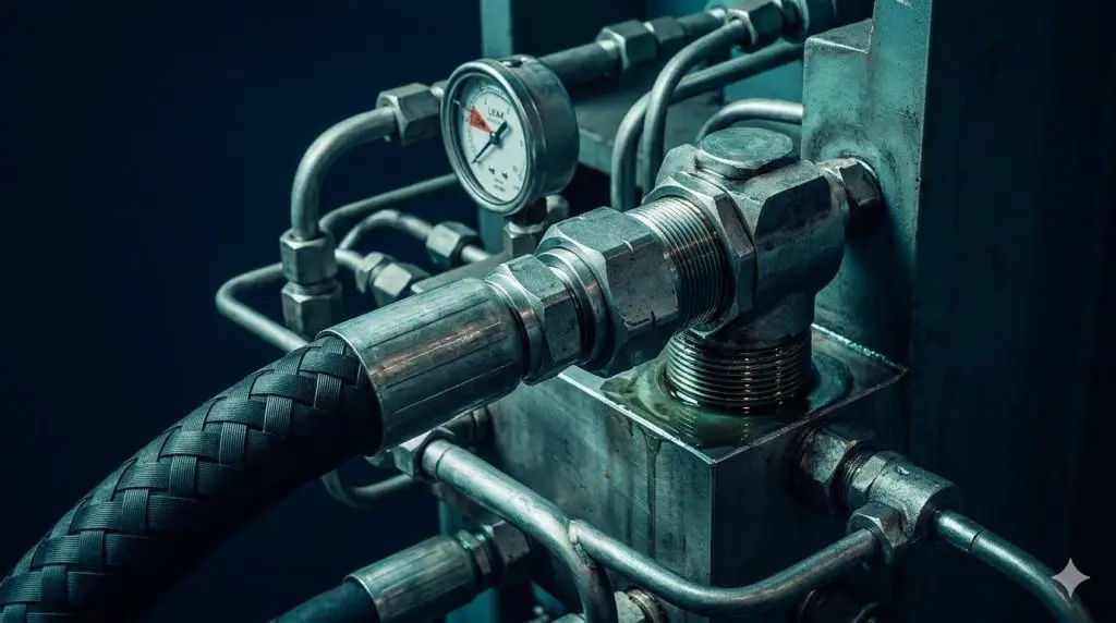 Filter press hydraulic hose and fittings showing pressure connections and wear indicators