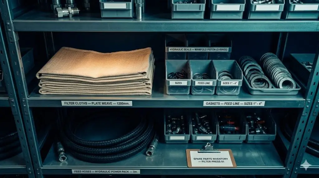 Organized filter press spare parts inventory including filter cloths, hydraulic seals, and gaskets on industrial shelving