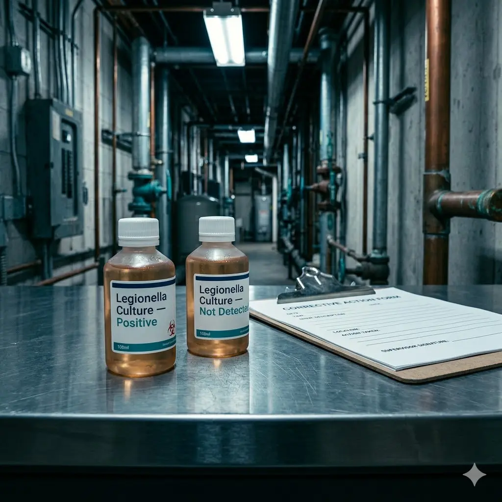 Legionella water culture sample bottles on lab counter beside blank corrective action form showing why testing alone does not equal NJ S2188 compliance