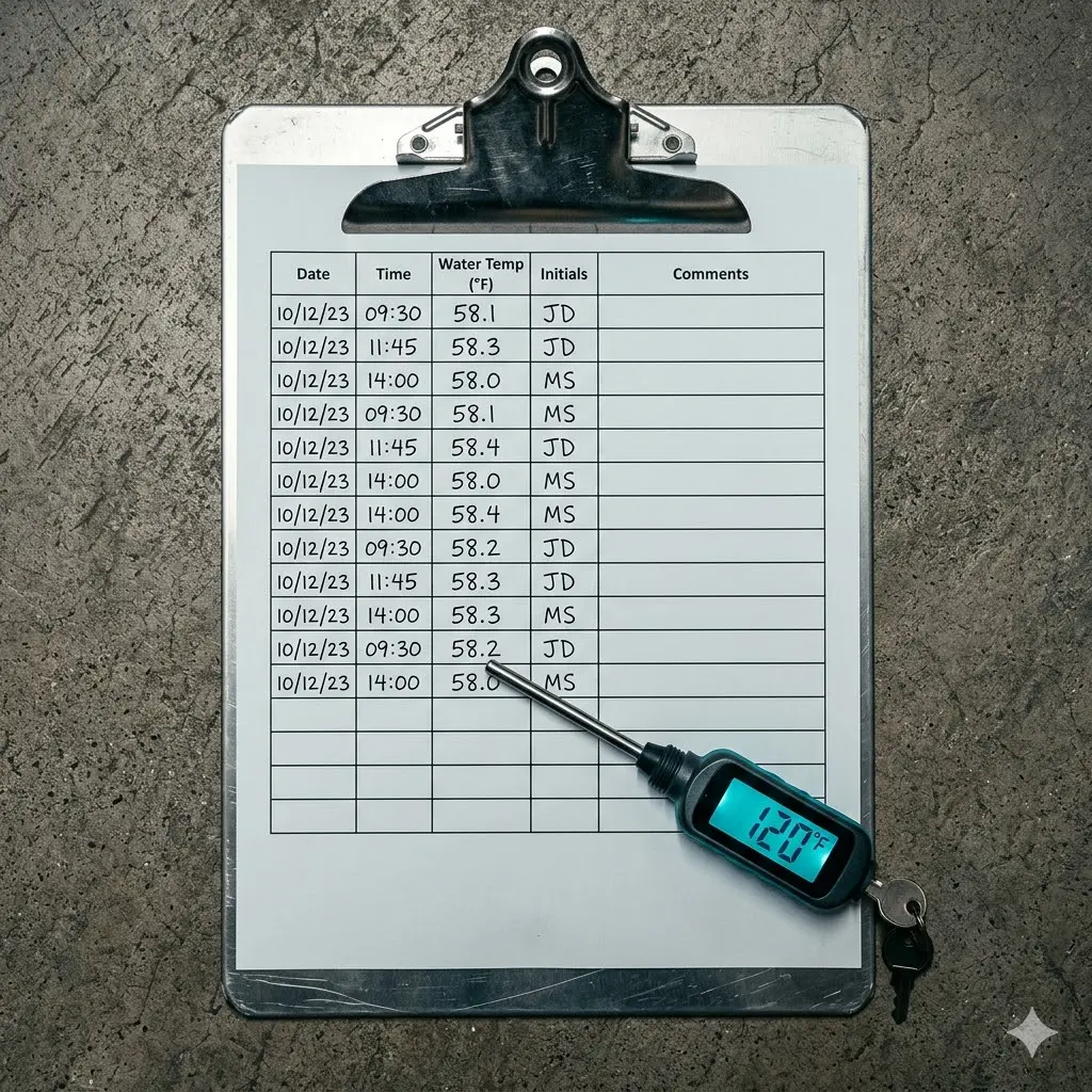 Industrial water monitoring log clipboard with temperature readings and timestamps showing documented Legionella Water Management Program records