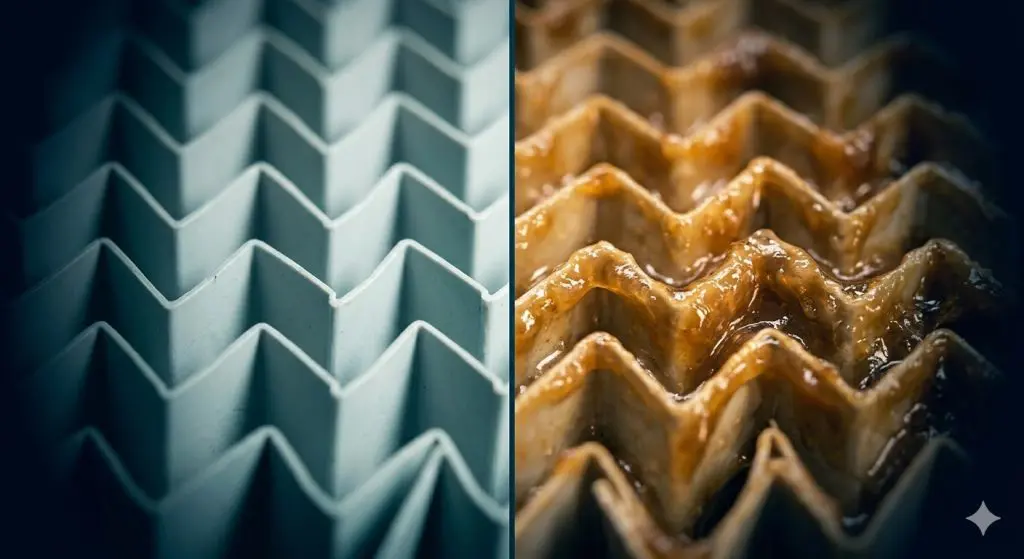 Split comparison of clean vs. biofilm-contaminated cooling tower fill media — Legionella risk during tower operation