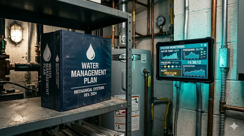 Water Management Plan binder on mechanical room shelf beside active digital monitoring dashboard for NJ S2188 Legionella compliance