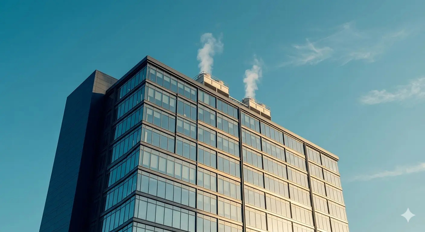 Clean modern commercial building with cooling towers on rooftop against blue sky — NJ S2188 Legionella compliant facility