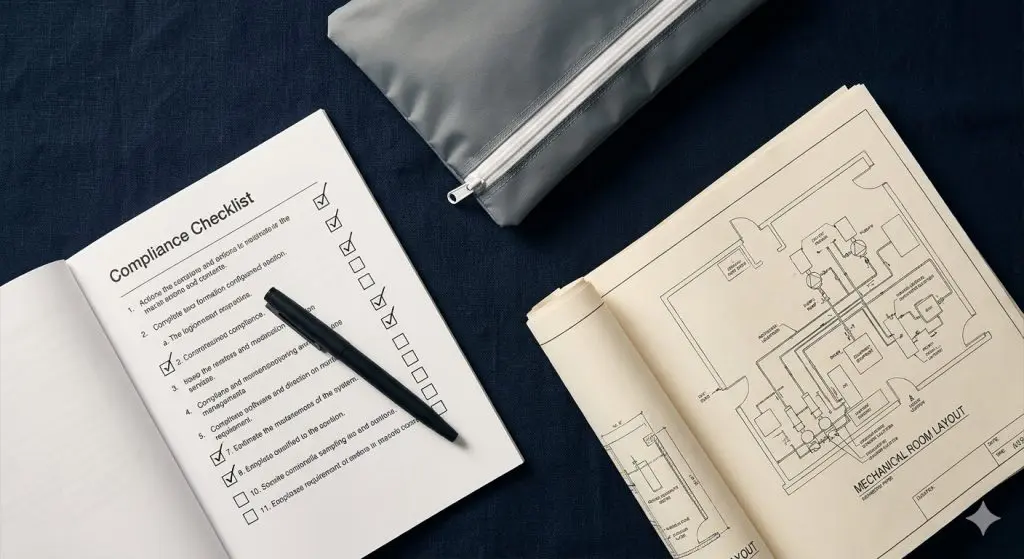 Legionella compliance checklist, building floor plan, and water sampling kit flat-lay — NJ S2188 water management plan documentation requirements