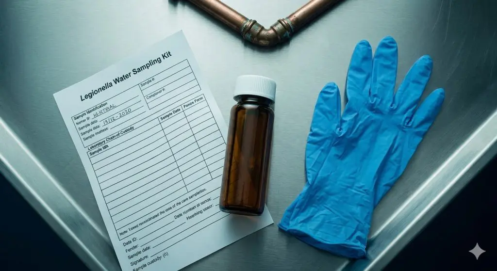 Legionella water sampling kit with sterile vial, chain-of-custody form, and plumbing section — NJ S2188 testing requirements