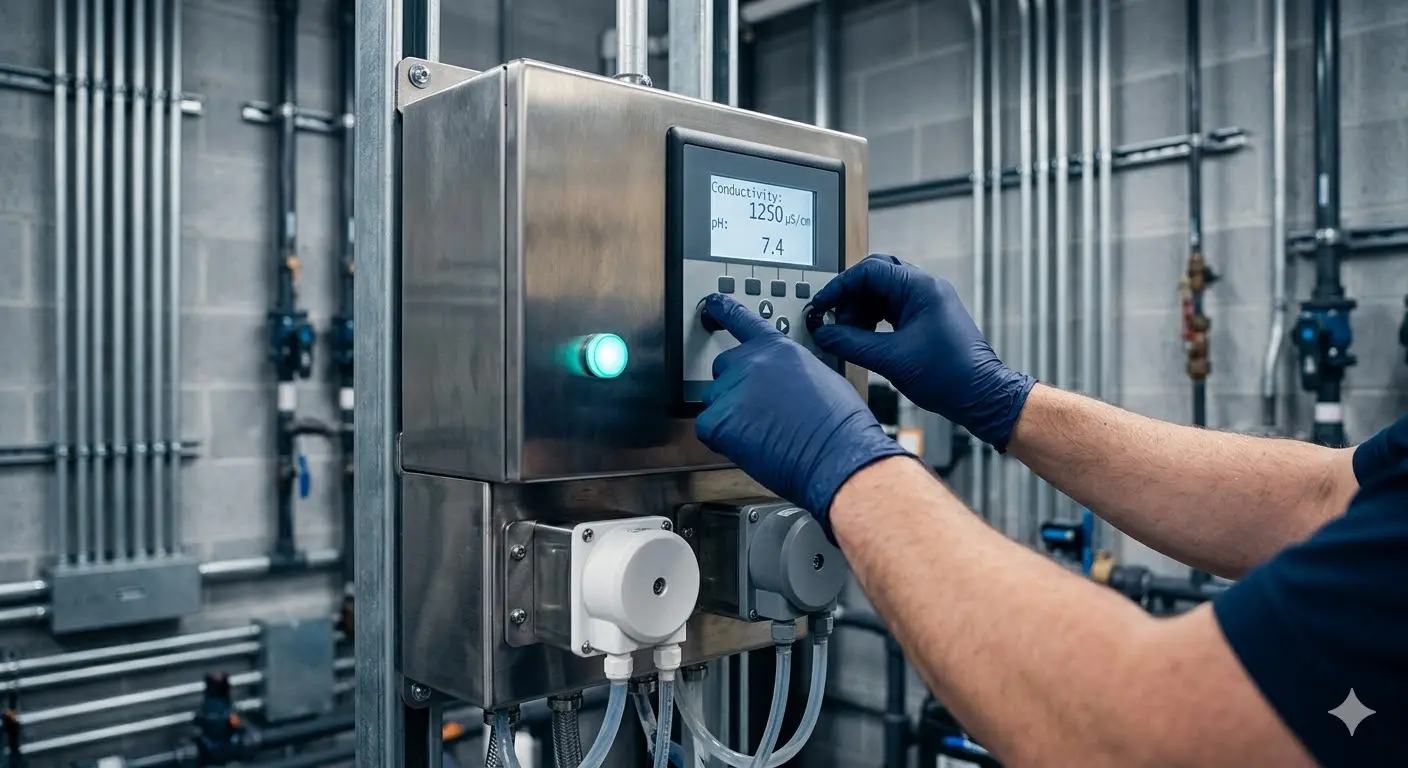 Technician hands operating water treatment controller panel monitoring pH and conductivity — Legionella water management program under NJ S2188