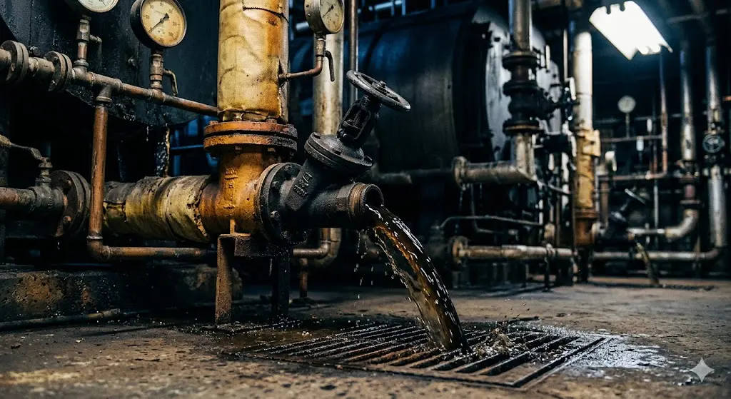 Steam boiler mud drum blowdown valve open during pre-shutdown protocol discharging concentrated boiler water