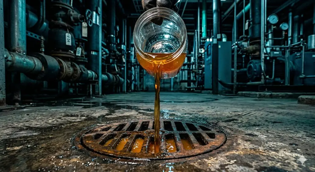 Clear jar of amber-orange boiler drain water held over industrial drain during seasonal shutdown inspection