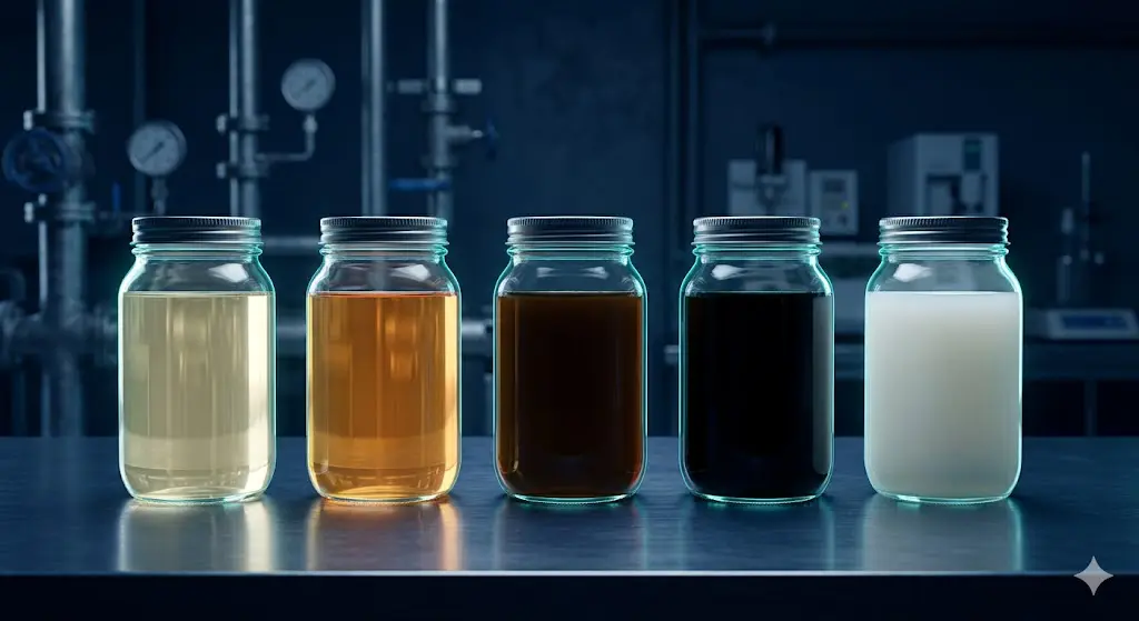 Five sample jars showing boiler drain water color range from clear to black for corrosion and sludge diagnosis