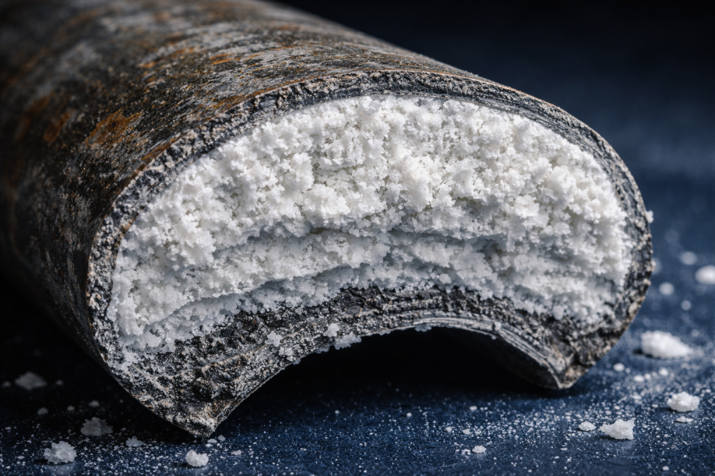 Cross-section of steel boiler tube showing 1/8 inch calcium carbonate scale deposit that increases fuel consumption by 25 percent
