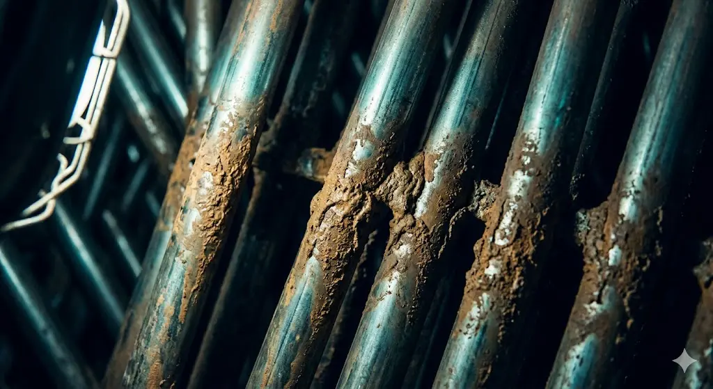 Brown sludge deposits on industrial boiler tube surfaces visible during seasonal inspection