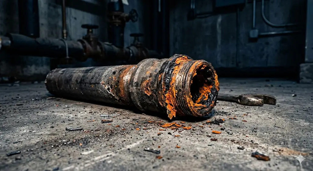 Corroded chilled water loop pipe fitting showing black magnetite deposits and rust staining removed during spring startup inspection