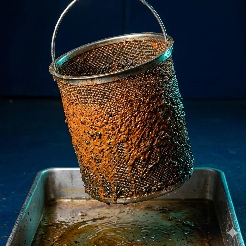 Rust-clogged industrial strainer basket from a closed loop system showing corrosion byproduct accumulation after flush