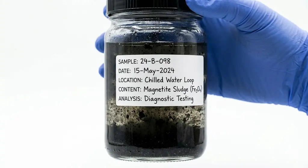 Clear glass jar containing dark black magnetite-contaminated closed loop water sample from chilled water system