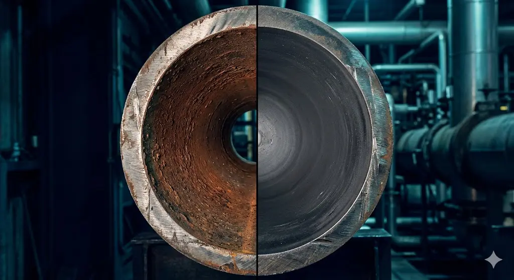 Steel pipe interior cross-section showing unpassivated bare metal versus protected passivation layer in a closed loop system