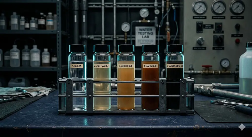 Five closed loop water sample vials showing range from clear to rust-brown indicating varying iron and corrosion levels