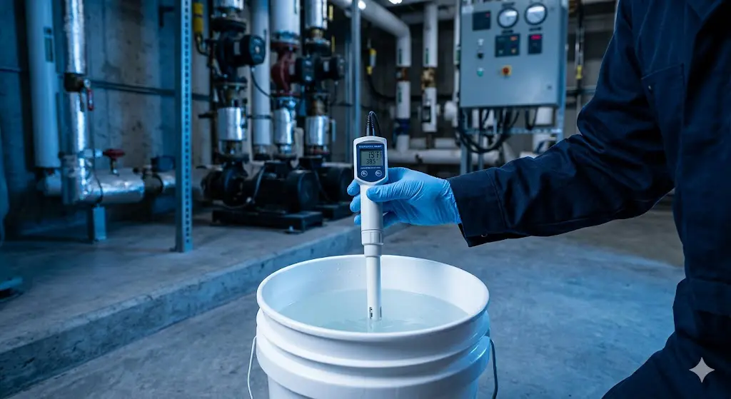 Water treatment technician testing closed loop chilled water conductivity with digital meter during spring startup inspection
