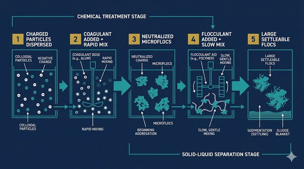 Coagulation flocculation process sequence diagram showing five stages from dispersed particles to settleable flocs