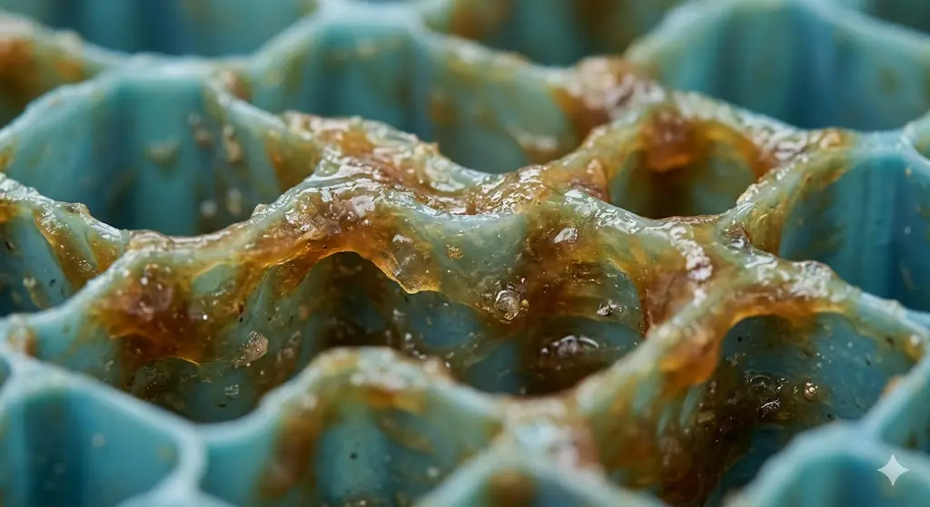 Close-up of biofilm growth on cooling tower fill media surface showing Legionella amplification platform
