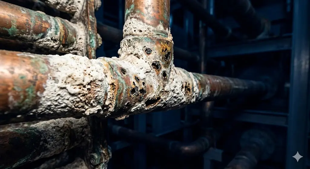 White calcium carbonate scale deposits on copper heat exchanger tubes inside cooling tower system