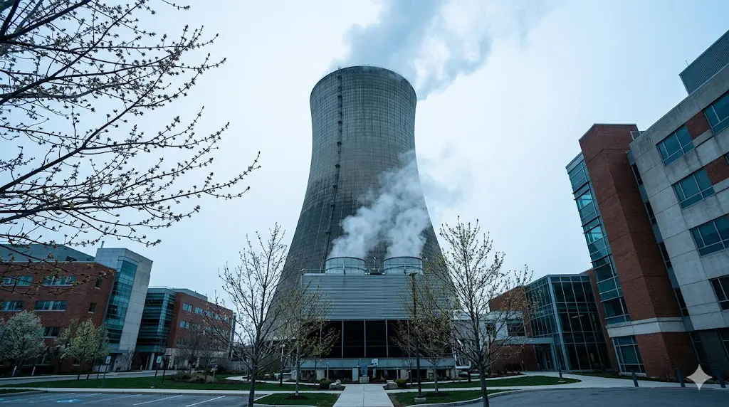 Industrial cooling tower producing steam drift in early spring against overcast sky, representing Legionella startup risk