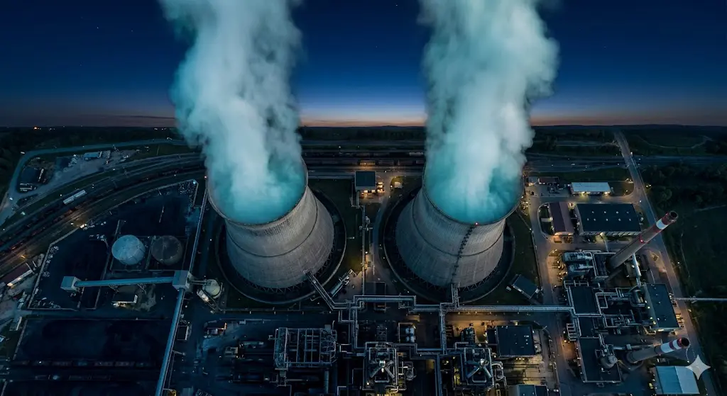 Aerial view of industrial cooling towers at manufacturing facility showing recirculating water system cycles of concentration