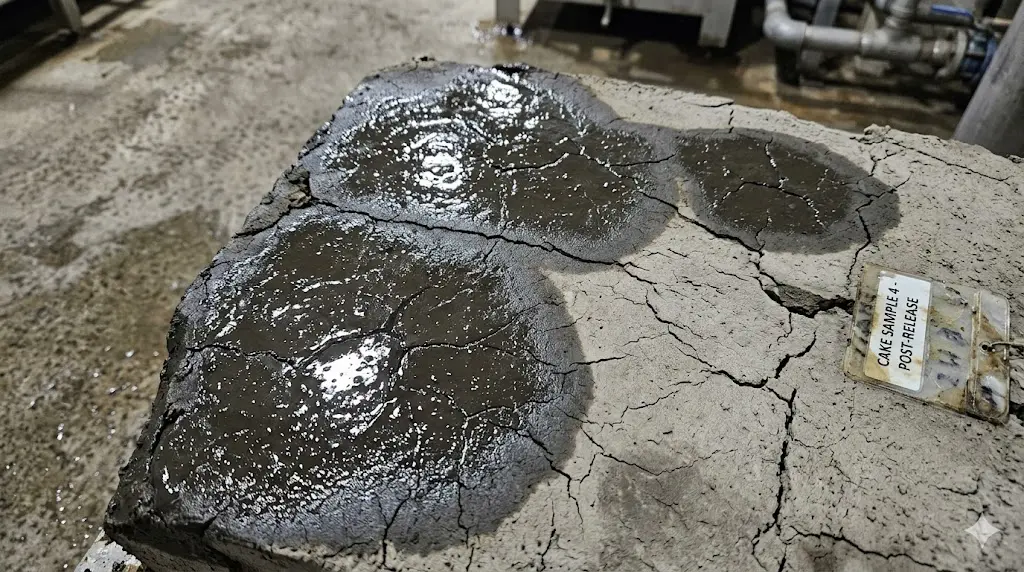 Filter press cake surface with dark glossy patches indicating trapped moisture from insufficient pressure