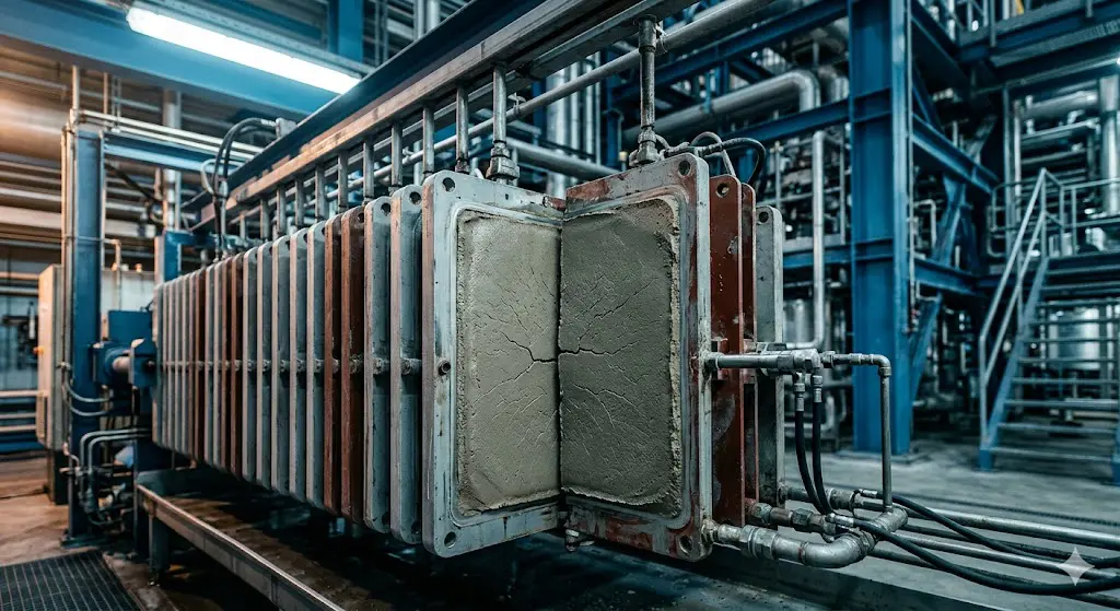 Open filter press plates revealing a formed filter press cake with uniform hairline crack pattern