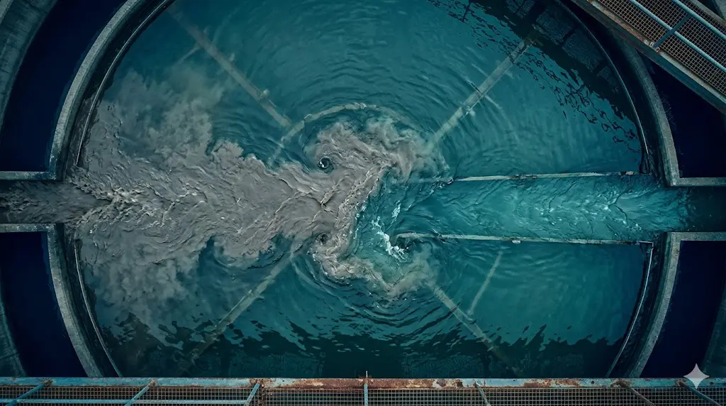 Industrial wastewater clarifier showing coagulation and flocculation treatment process — turbid influent clearing to treated effluent