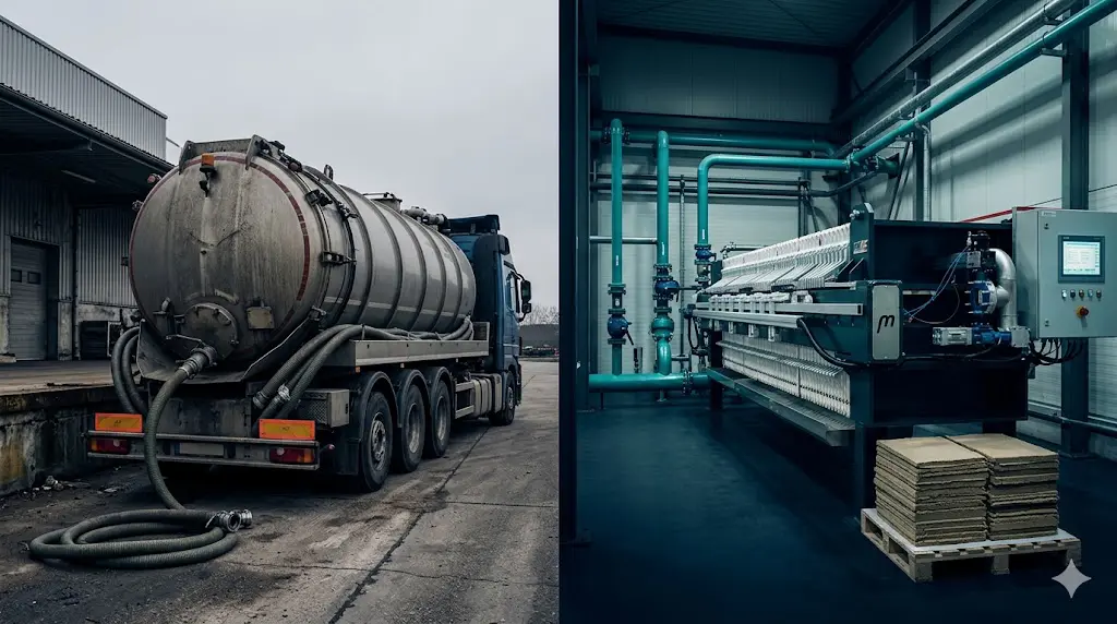 Vacuum tanker truck for liquid waste hauling alongside industrial filter press dewatering system inside a manufacturing facility