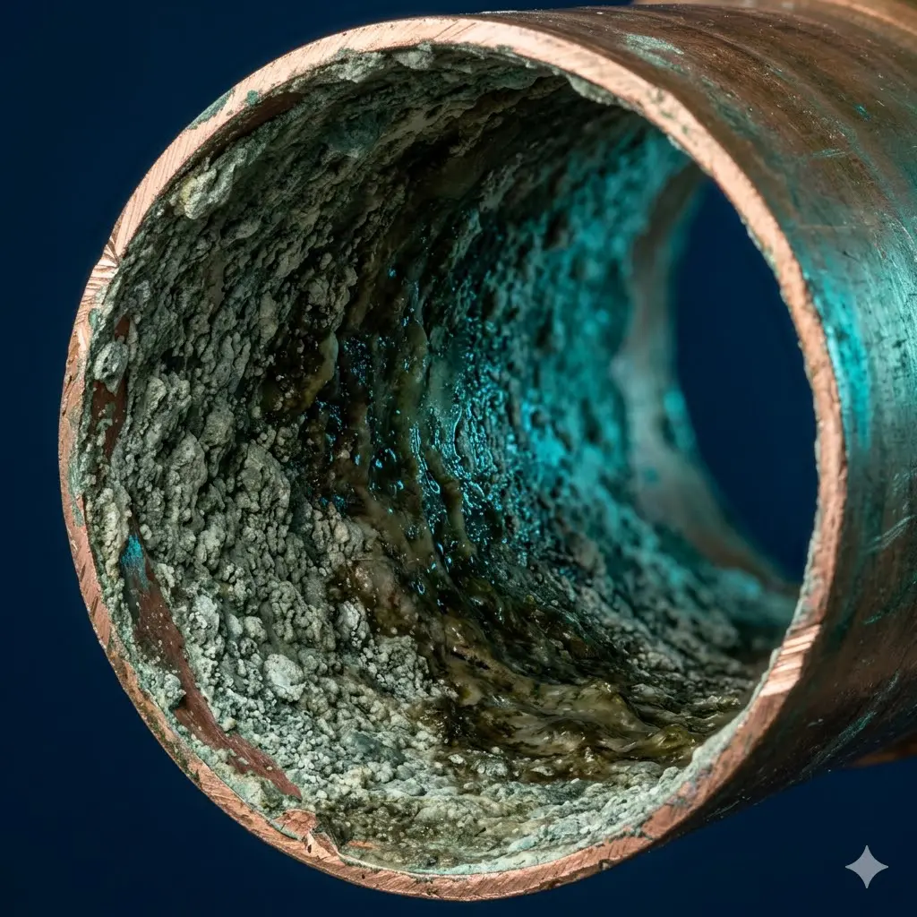 Interior of corroded hotel supply pipe with scale buildup creating Legionella harboring conditions in aging hospitality plumbing