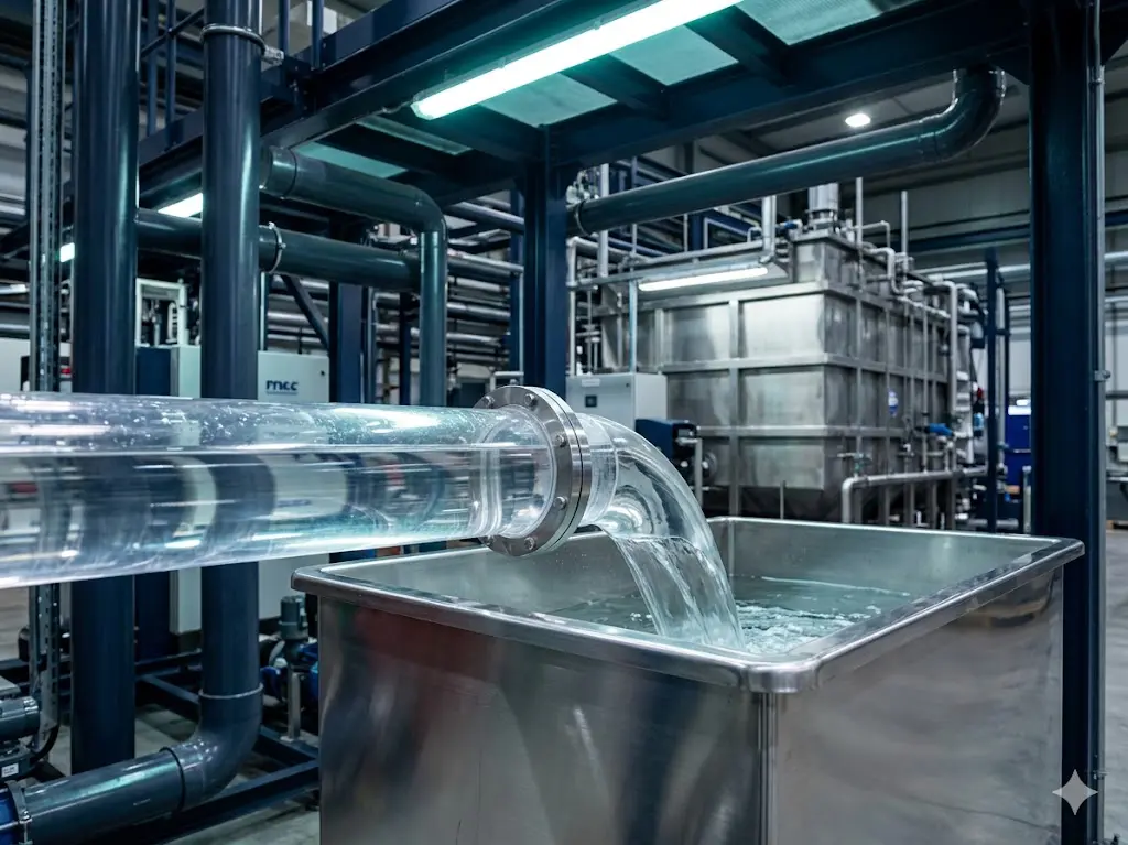 Clean recovered filtrate water flowing through clear industrial pipe into process water recirculation reservoir