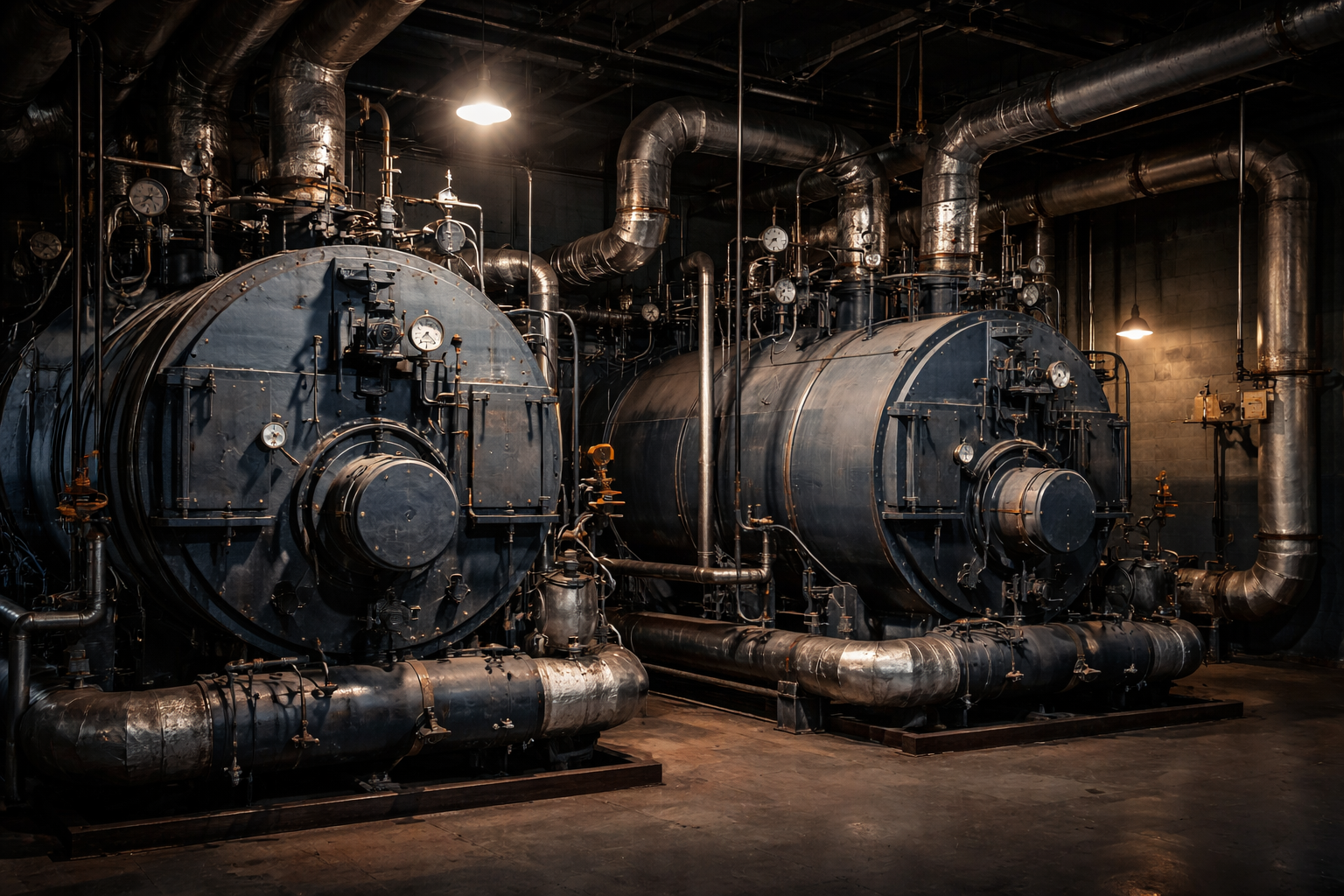 Industrial steam boiler room with two large boilers showing mud drum connections and blowdown piping before seasonal shutdown