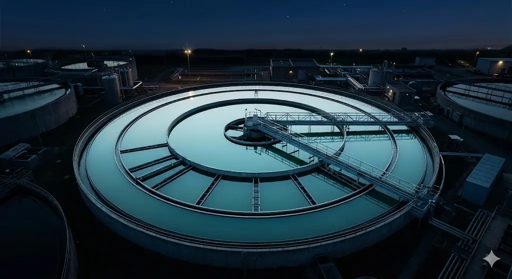 Industrial wastewater clarifier at dusk — discharge permit compliance