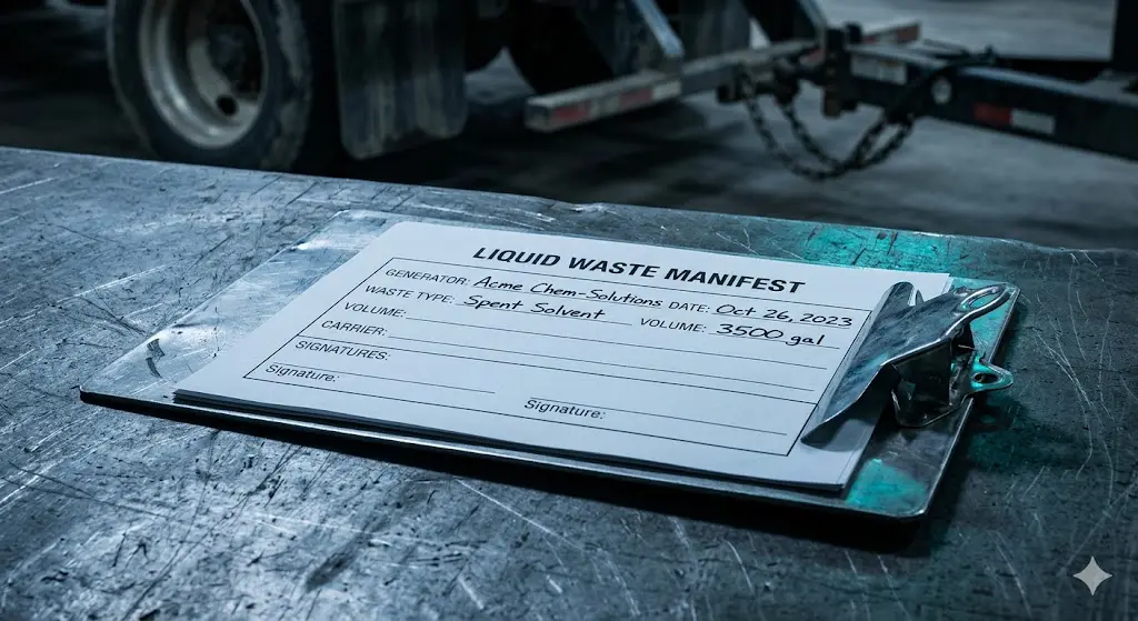 Liquid waste manifest document on industrial clipboard at loading dock with hauler truck visible in background