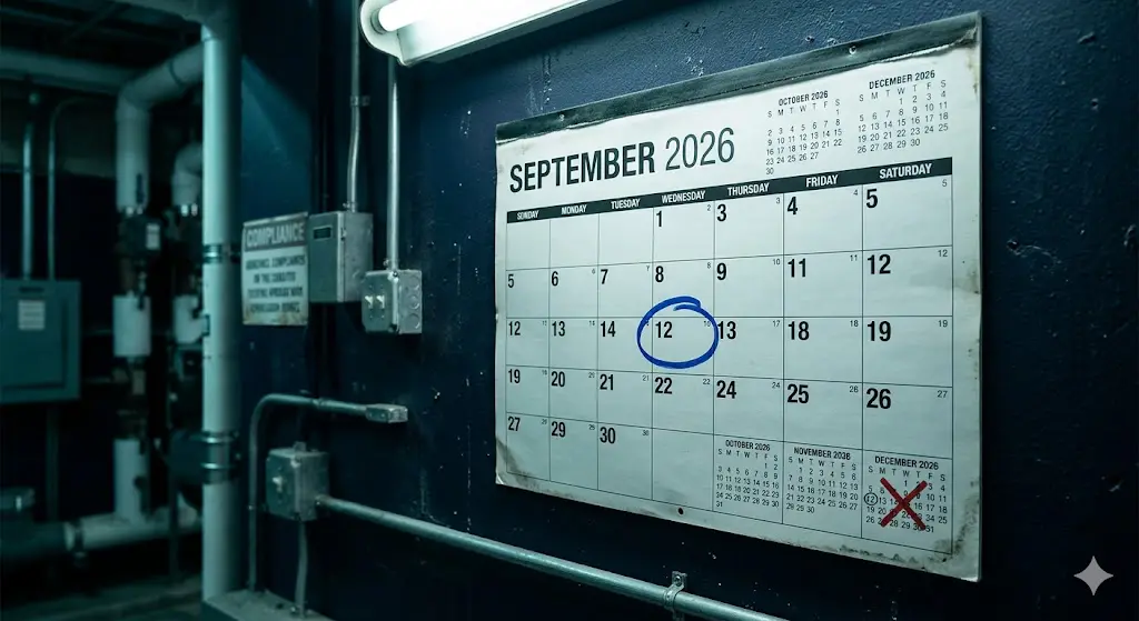 Calendar showing NJ S2188 September 12 Water Management Plan deadline and December 12 implementation deadline for 2026